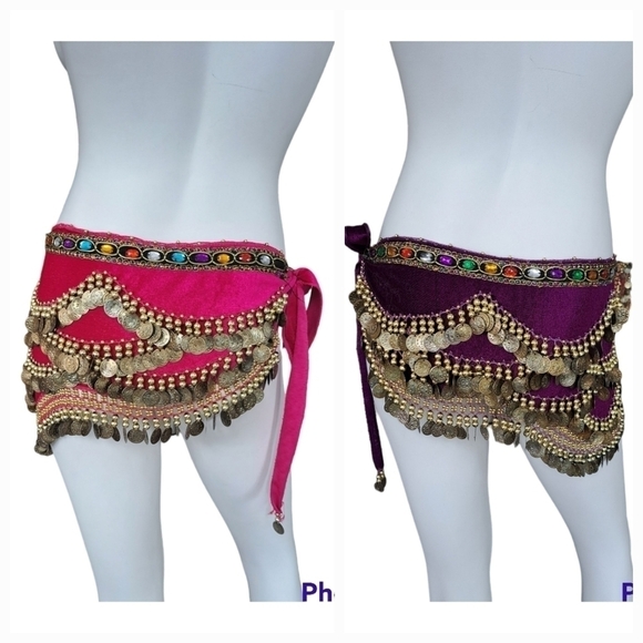 Bellylady set of 2 Belly dance skirt gold coin hip scarf with rhinestones - Picture 3 of 16